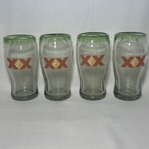 Dos Equis XX Hand Blown Beer Glasses Heavyweight Thick Bubbles Green Rim Set 4